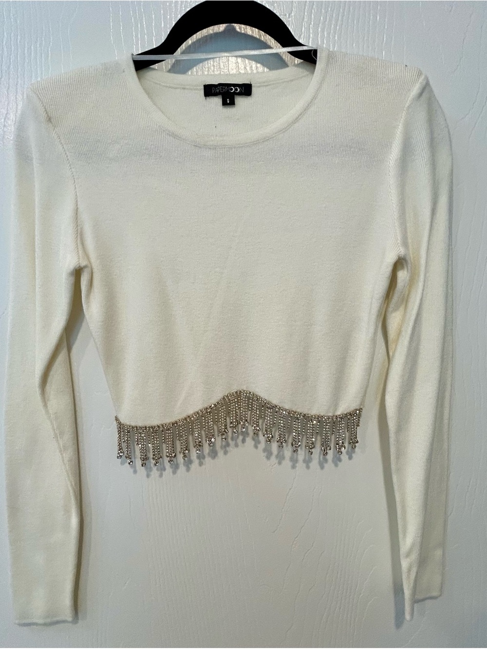 PaperMoon Ivory Rhinestone Fringe Crop Sweater Size Small NWOT Boutique Glam Top